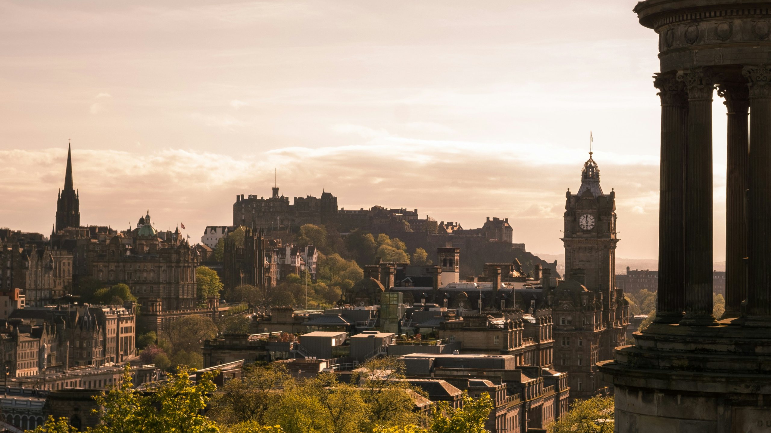 The Edinburgh skyline at sunset, seen from Calton Hill